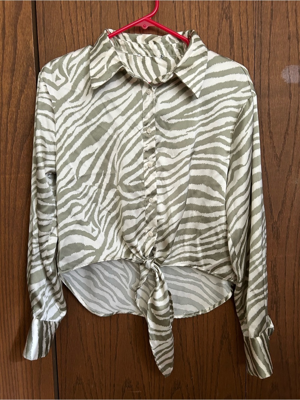 Tie-Front Zebra Print Button-Up Top - Olive/Off white